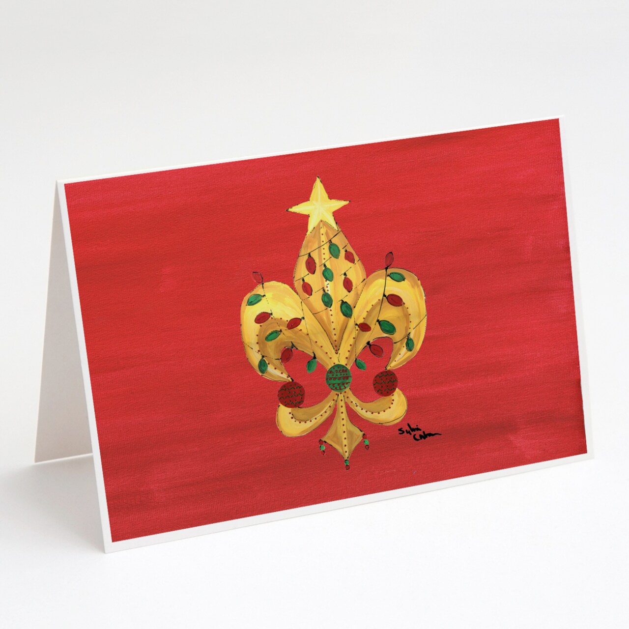 Caroline&#x27;s Treasures Christmas Fleur de lis Tree with lights Greeting Cards and Envelopes Pack of 8